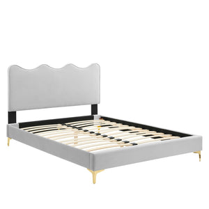 Modway Furniture Current Performance Velvet Full Platform Bed - Stylish Scalloped Headboard with Gold Legs for Modern Rooms Light Gray MOD-6730-LGR