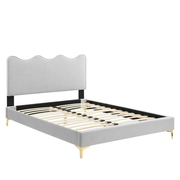 Modway Furniture Current Performance Velvet Full Platform Bed - Stylish Scalloped Headboard with Gold Legs for Modern Rooms Light Gray MOD-6730-LGR