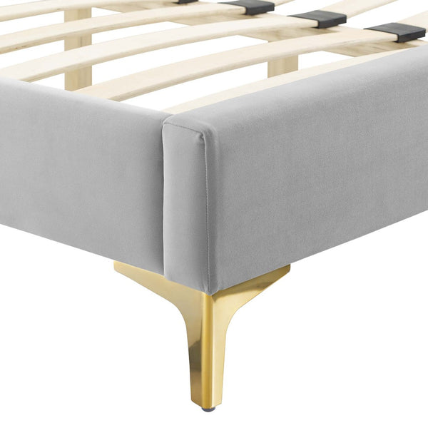 Modway Furniture Current Performance Velvet Full Platform Bed - Stylish Scalloped Headboard with Gold Legs for Modern Rooms Light Gray MOD-6730-LGR
