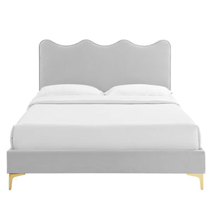 Modway Furniture Current Performance Velvet Full Platform Bed - Stylish Scalloped Headboard with Gold Legs for Modern Rooms Light Gray MOD-6730-LGR