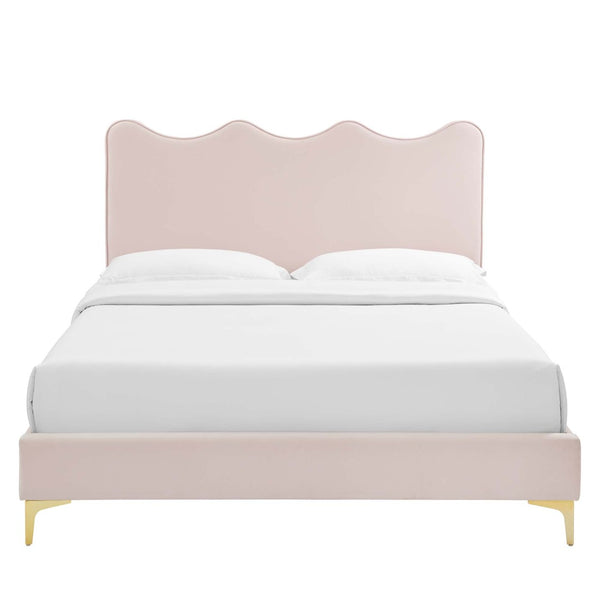 Modway Furniture Current Performance Velvet Full Platform Bed - Stylish Scalloped Headboard with Gold Legs for Modern Rooms Pink MOD-6730-PNK