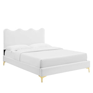 Modway Furniture Current Performance Velvet Full Platform Bed - Stylish Scalloped Headboard with Gold Legs for Modern Rooms White MOD-6730-WHI