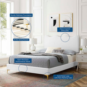 Modway Furniture Current Performance Velvet Full Platform Bed - Stylish Scalloped Headboard with Gold Legs for Modern Rooms White MOD-6730-WHI