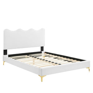 Modway Furniture Current Performance Velvet Full Platform Bed - Stylish Scalloped Headboard with Gold Legs for Modern Rooms White MOD-6730-WHI