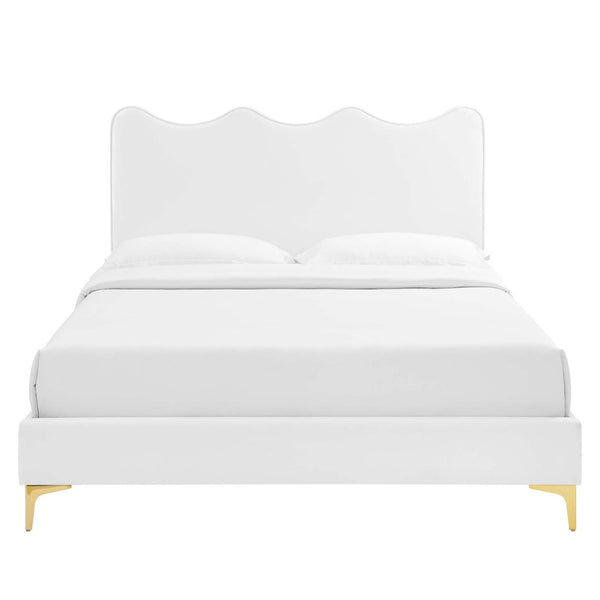 Modway Furniture Current Performance Velvet Full Platform Bed - Stylish Scalloped Headboard with Gold Legs for Modern Rooms White MOD-6730-WHI