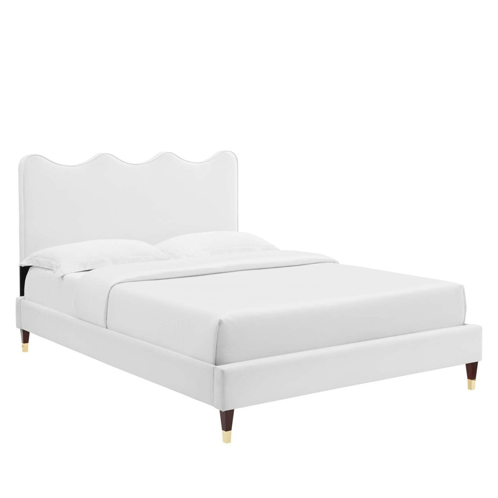 Modway Furniture Current Performance Velvet Full Platform Bed - Coastal Elegance with Scalloped Design & Gold Accents MOD-6731-WHI