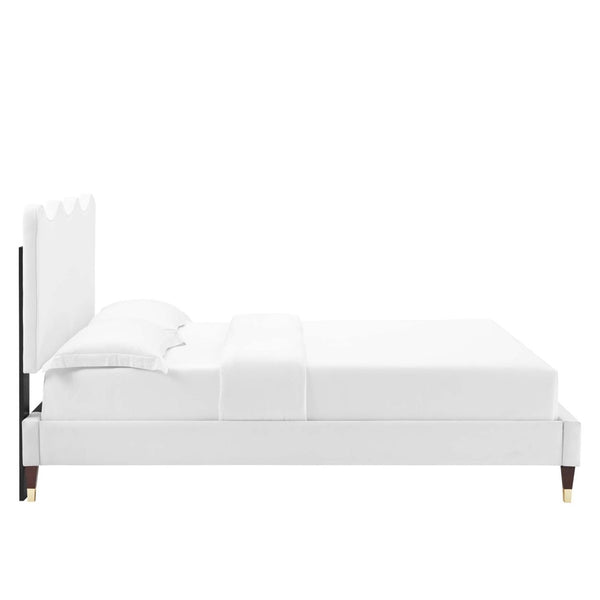 Modway Furniture Current Performance Velvet Full Platform Bed - Coastal Elegance with Scalloped Design & Gold Accents MOD-6731-WHI