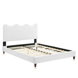 Modway Furniture Current Performance Velvet Full Platform Bed - Coastal Elegance with Scalloped Design & Gold Accents MOD-6731-WHI