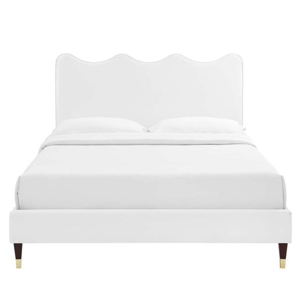 Modway Furniture Current Performance Velvet Full Platform Bed - Coastal Elegance with Scalloped Design & Gold Accents MOD-6731-WHI