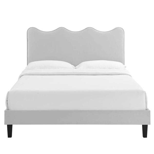 Modway Furniture Current Performance Velvet Full Platform Bed - Coastal-Inspired Design with Scalloped Headboard Light Gray MOD-6732-LGR