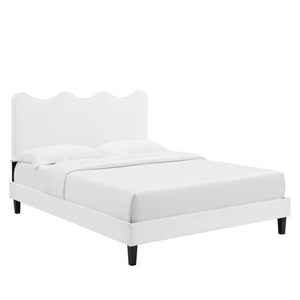 Modway Furniture Current Performance Velvet Full Platform Bed - Coastal-Inspired Design with Scalloped Headboard White MOD-6732-WHI