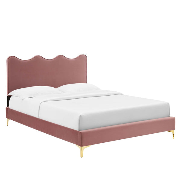 Modway Furniture Current Performance Velvet Queen Platform Bed - Luxurious Scalloped Design with Sturdy Support System Dusty Rose MOD-6733-DUS