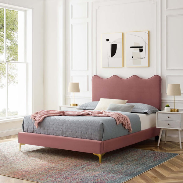 Modway Furniture Current Performance Velvet Queen Platform Bed - Luxurious Scalloped Design with Sturdy Support System Dusty Rose MOD-6733-DUS