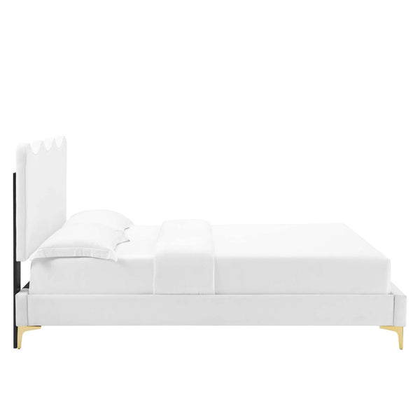 Modway Furniture Current Performance Velvet Queen Platform Bed - Luxurious Scalloped Design with Sturdy Support System White MOD-6733-WHI