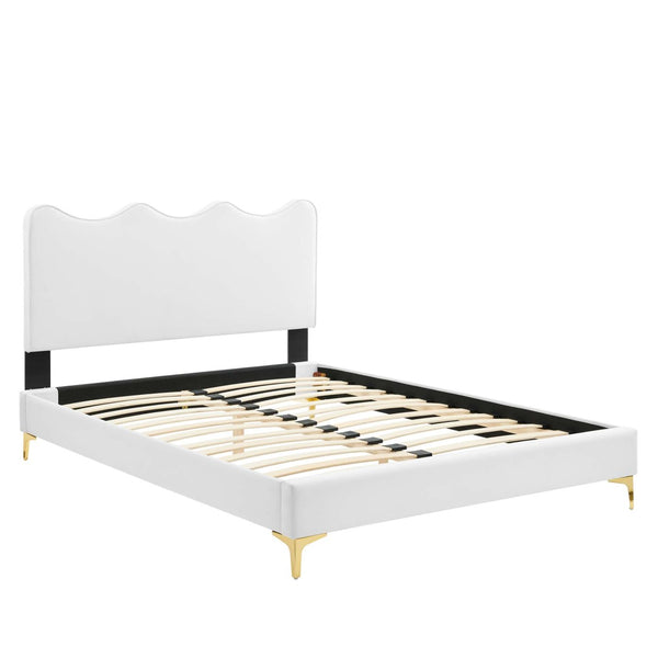 Modway Furniture Current Performance Velvet Queen Platform Bed - Luxurious Scalloped Design with Sturdy Support System White MOD-6733-WHI