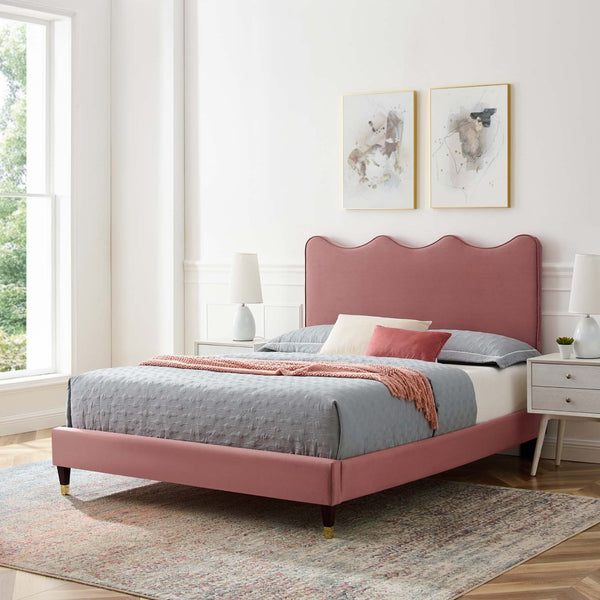 Modway Furniture Current Performance Velvet Queen Platform Bed by Modway - Elegant Coastal Design for Modern Bedrooms Dusty Rose MOD-6734-DUS