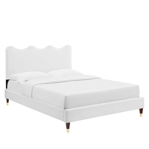 Modway Furniture Current Performance Velvet Queen Platform Bed by Modway - Elegant Coastal Design for Modern Bedrooms White MOD-6734-WHI