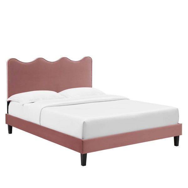 Modway Furniture Current Performance Velvet Queen Platform Bed by Modway - Chic Scalloped Headboard & Sturdy Support Dusty Rose MOD-6735-DUS