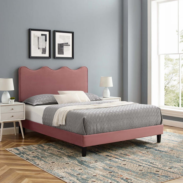Modway Furniture Current Performance Velvet Queen Platform Bed by Modway - Chic Scalloped Headboard & Sturdy Support Dusty Rose MOD-6735-DUS