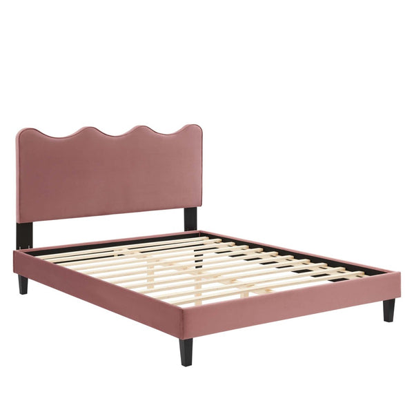 Modway Furniture Current Performance Velvet Queen Platform Bed by Modway - Chic Scalloped Headboard & Sturdy Support Dusty Rose MOD-6735-DUS