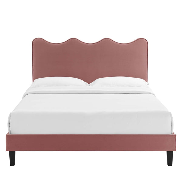 Modway Furniture Current Performance Velvet Queen Platform Bed by Modway - Chic Scalloped Headboard & Sturdy Support Dusty Rose MOD-6735-DUS