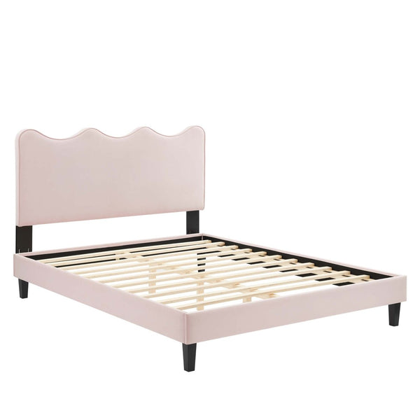Modway Furniture Current Performance Velvet Queen Platform Bed by Modway - Chic Scalloped Headboard & Sturdy Support Pink MOD-6735-PNK
