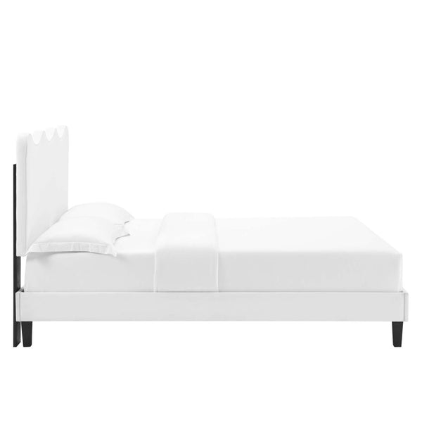 Modway Furniture Current Performance Velvet Queen Platform Bed by Modway - Chic Scalloped Headboard & Sturdy Support White MOD-6735-WHI