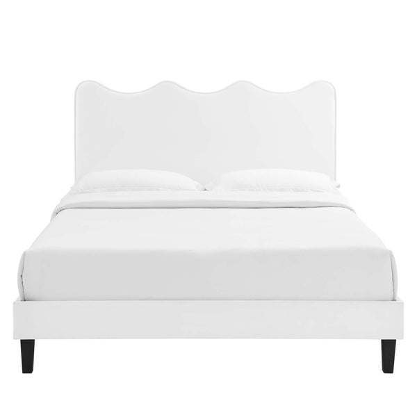 Modway Furniture Current Performance Velvet Queen Platform Bed by Modway - Chic Scalloped Headboard & Sturdy Support White MOD-6735-WHI