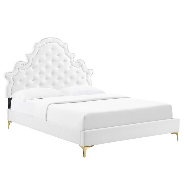 Modway Furniture Gwyneth Tufted Performance Velvet Queen Platform Bed by Modway - Glamorous Elegance for Your Bedroom White MOD-6751-WHI