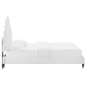 Modway Furniture Gwyneth Tufted Performance Velvet Queen Platform Bed - Stylish Elegance with Stain-Resistant Comfort MOD-6752-WHI