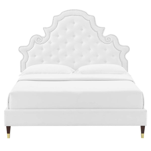 Modway Furniture Gwyneth Tufted Performance Velvet Queen Platform Bed - Stylish Elegance with Stain-Resistant Comfort MOD-6752-WHI
