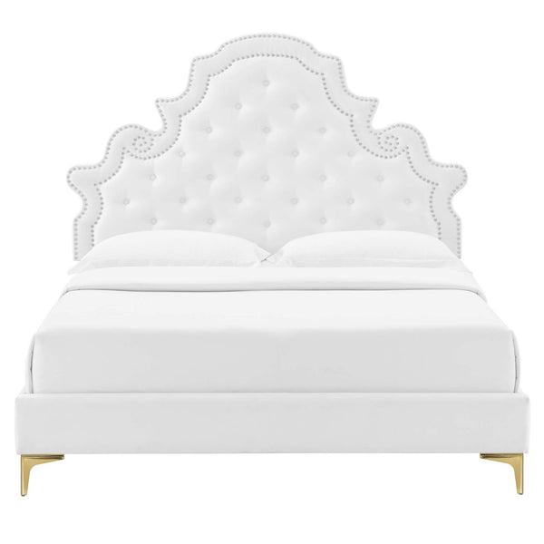 Modway Furniture Gwyneth Tufted Performance Velvet Full Platform Bed - Luxurious Comfort with Timeless Glamour Design White MOD-6757-WHI