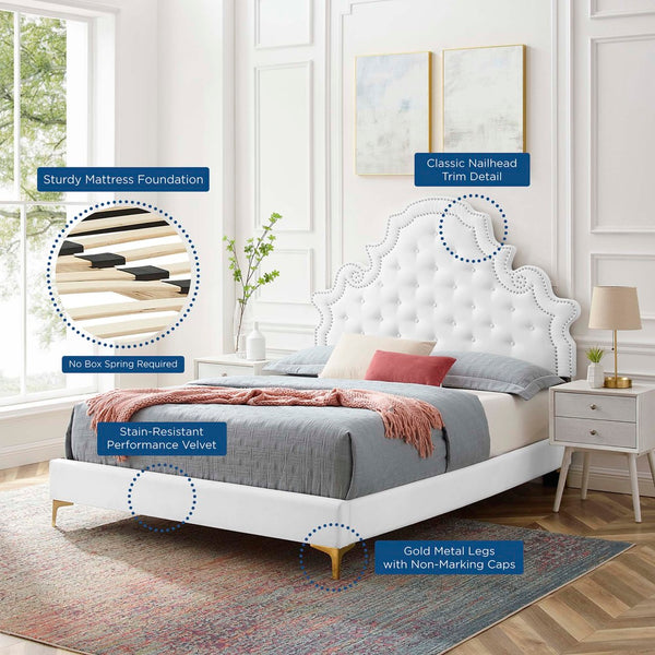 Modway Furniture Gwyneth Tufted Performance Velvet Full Platform Bed - Luxurious Comfort with Timeless Glamour Design White MOD-6757-WHI