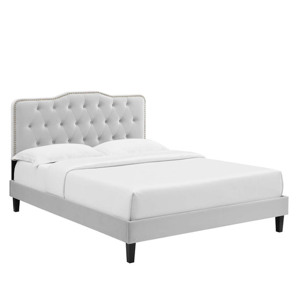 Modway Furniture Amber Performance Velvet Twin Platform Bed - Glam Deco Design with Sturdy Support and Comfort Light Gray MOD-6780-LGR