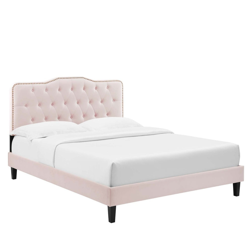 Modway Furniture Amber Performance Velvet Full Platform Bed - Glamorous Tufted Design, Stain-Resistant & Stylish Comfort MOD-6783-PNK