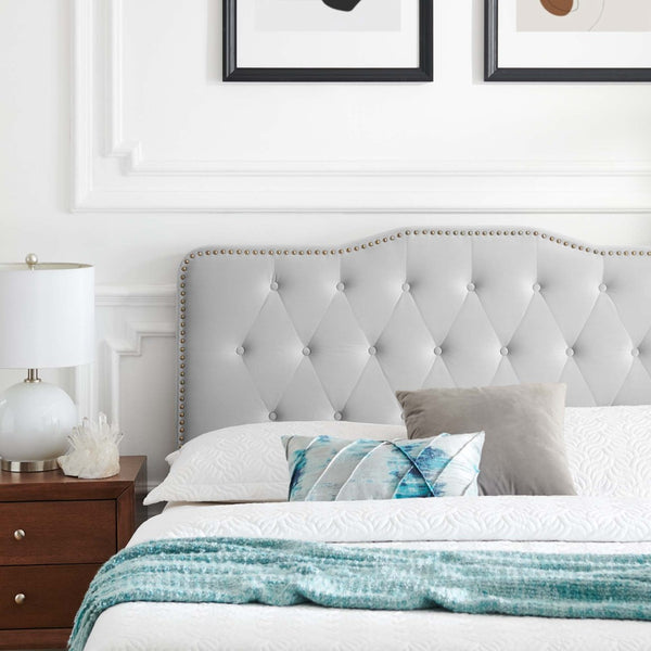 Modway Furniture Amber King Platform Bed in Luxe Performance Velvet - Glam Deco Style with Padded Headboard Comfort MOD-6786-LGR