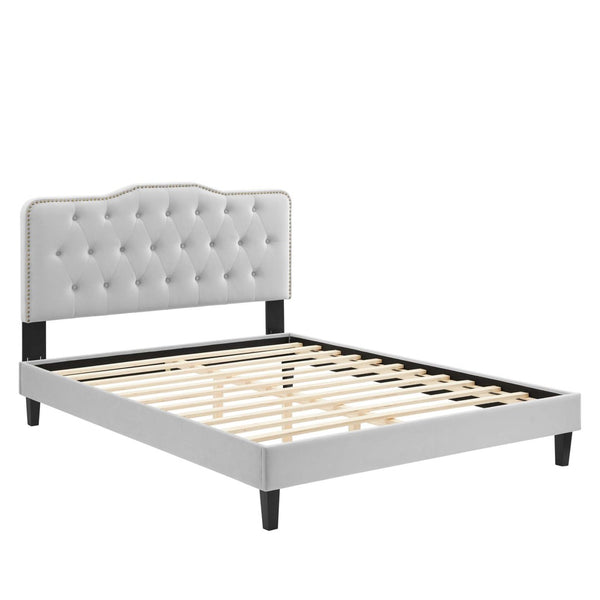 Modway Furniture Amber King Platform Bed in Luxe Performance Velvet - Glam Deco Style with Padded Headboard Comfort MOD-6786-LGR