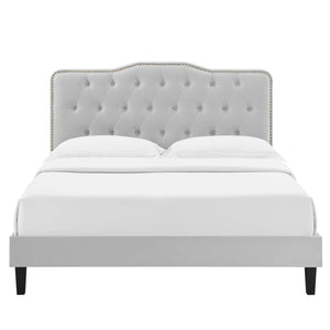 Modway Furniture Amber King Platform Bed in Luxe Performance Velvet - Glam Deco Style with Padded Headboard Comfort MOD-6786-LGR
