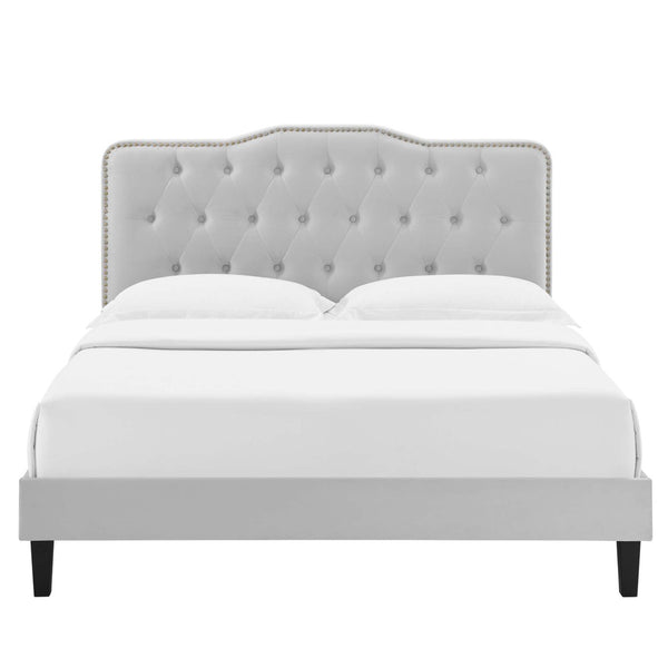 Modway Furniture Amber King Platform Bed in Luxe Performance Velvet - Glam Deco Style with Padded Headboard Comfort MOD-6786-LGR