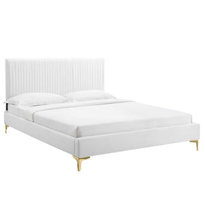 Modway Furniture Peyton Vintage-Modern Full Platform Bed in Luxe Performance Velvet with Glam Channel Tufting Design MOD-6868-WHI