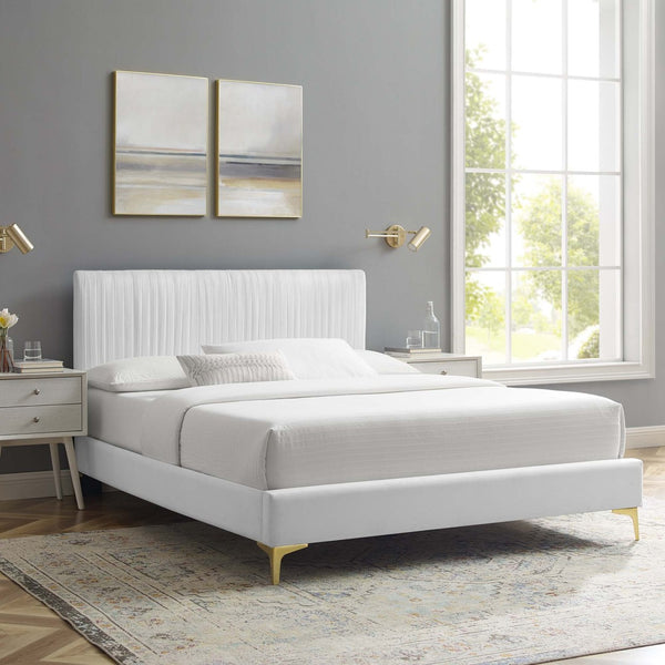 Modway Furniture Peyton Vintage-Modern Full Platform Bed in Luxe Performance Velvet with Glam Channel Tufting Design MOD-6868-WHI