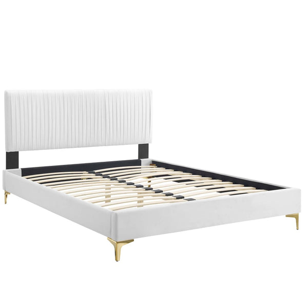 Modway Furniture Peyton Vintage-Modern Full Platform Bed in Luxe Performance Velvet with Glam Channel Tufting Design MOD-6868-WHI