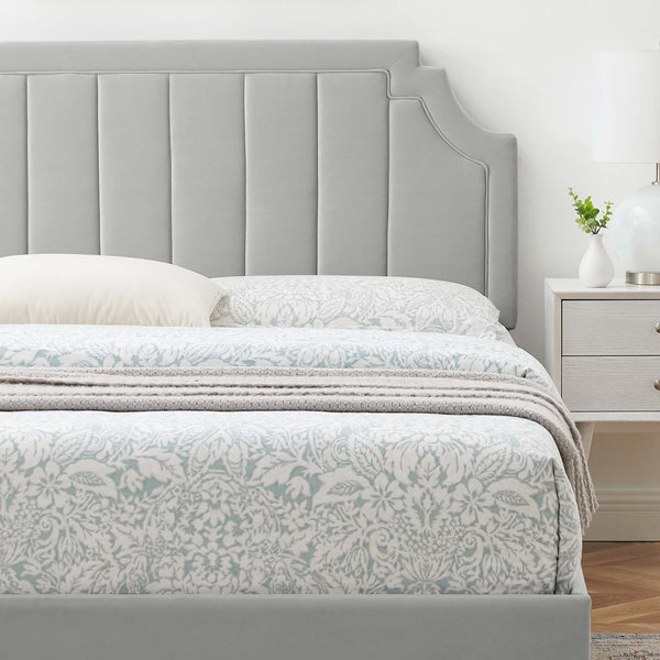 Modway Furniture Sienna Performance Velvet Twin Platform Bed - Glam Deco Design with Channel-Tufted Headboard Light Gray MOD-6908-LGR