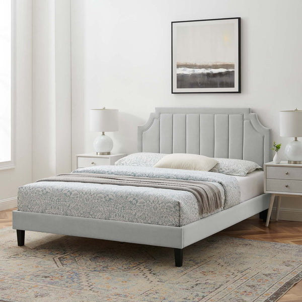Modway Furniture Sienna Performance Velvet Twin Platform Bed - Glam Deco Design with Channel-Tufted Headboard Light Gray MOD-6908-LGR
