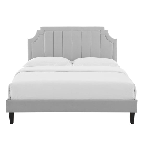Modway Furniture Sienna Performance Velvet Twin Platform Bed - Glam Deco Design with Channel-Tufted Headboard Light Gray MOD-6908-LGR
