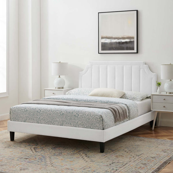 Modway Furniture Sienna Performance Velvet Full Platform Bed - Glam Deco Style with Stain-Resistant Durability and Support White MOD-6914-WHI