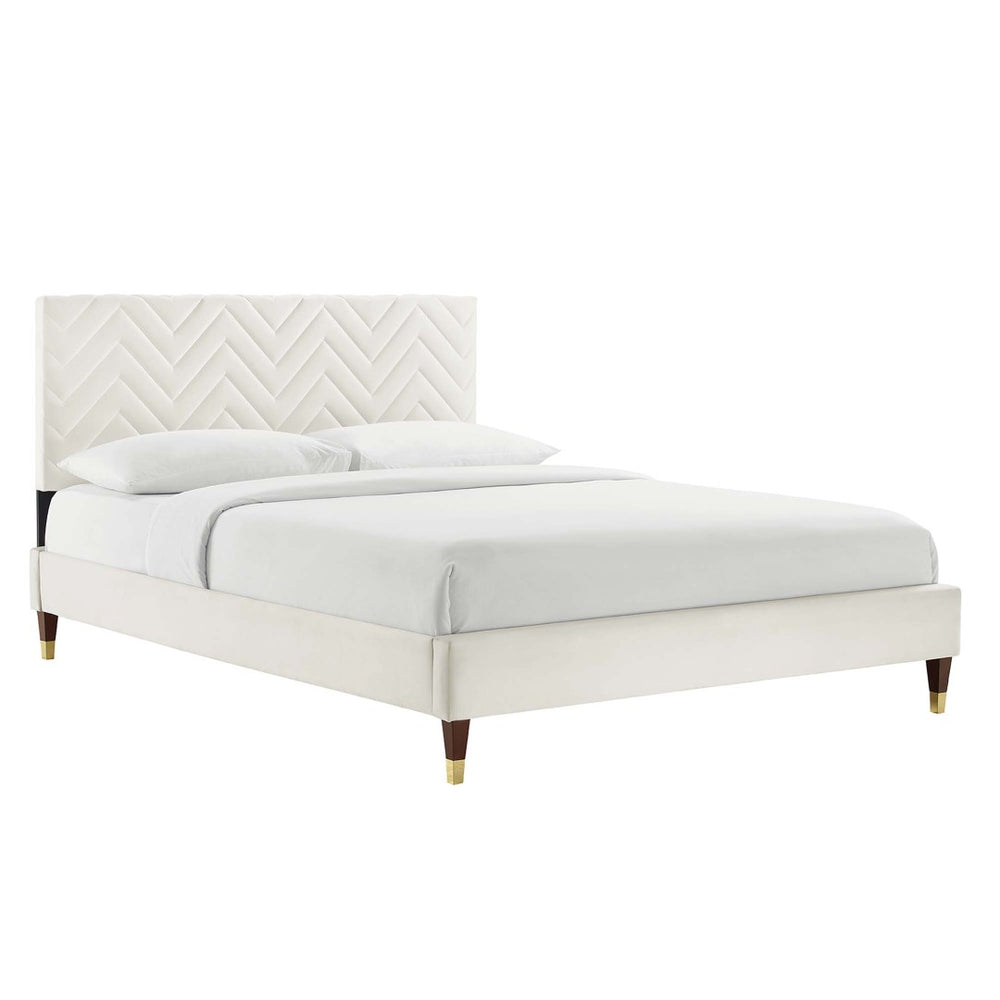 Modway Furniture Leah Chevron Tufted Performance Velvet Queen Bed - Stylish Glamour, Durable Support & Easy Care MOD-6969-WHI