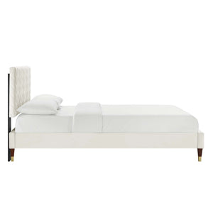 Modway Furniture Leah Chevron Tufted Performance Velvet Queen Bed - Stylish Glamour, Durable Support & Easy Care MOD-6969-WHI