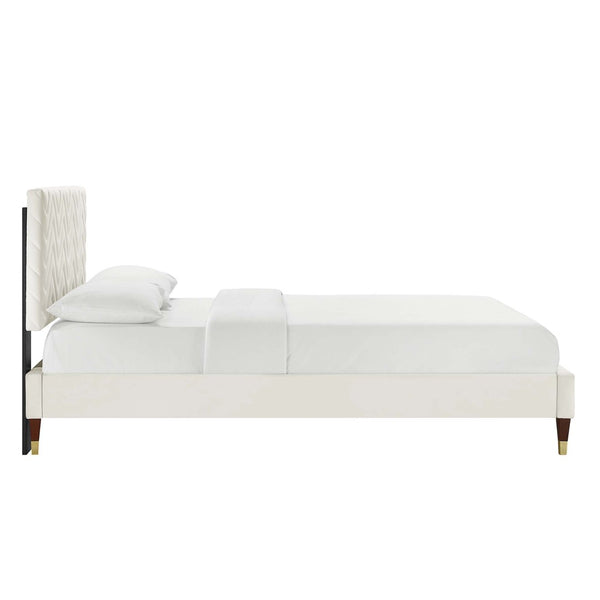 Modway Furniture Leah Chevron Tufted Performance Velvet Queen Bed - Stylish Glamour, Durable Support & Easy Care MOD-6969-WHI