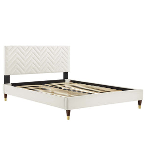 Modway Furniture Leah Chevron Tufted Performance Velvet Queen Bed - Stylish Glamour, Durable Support & Easy Care MOD-6969-WHI